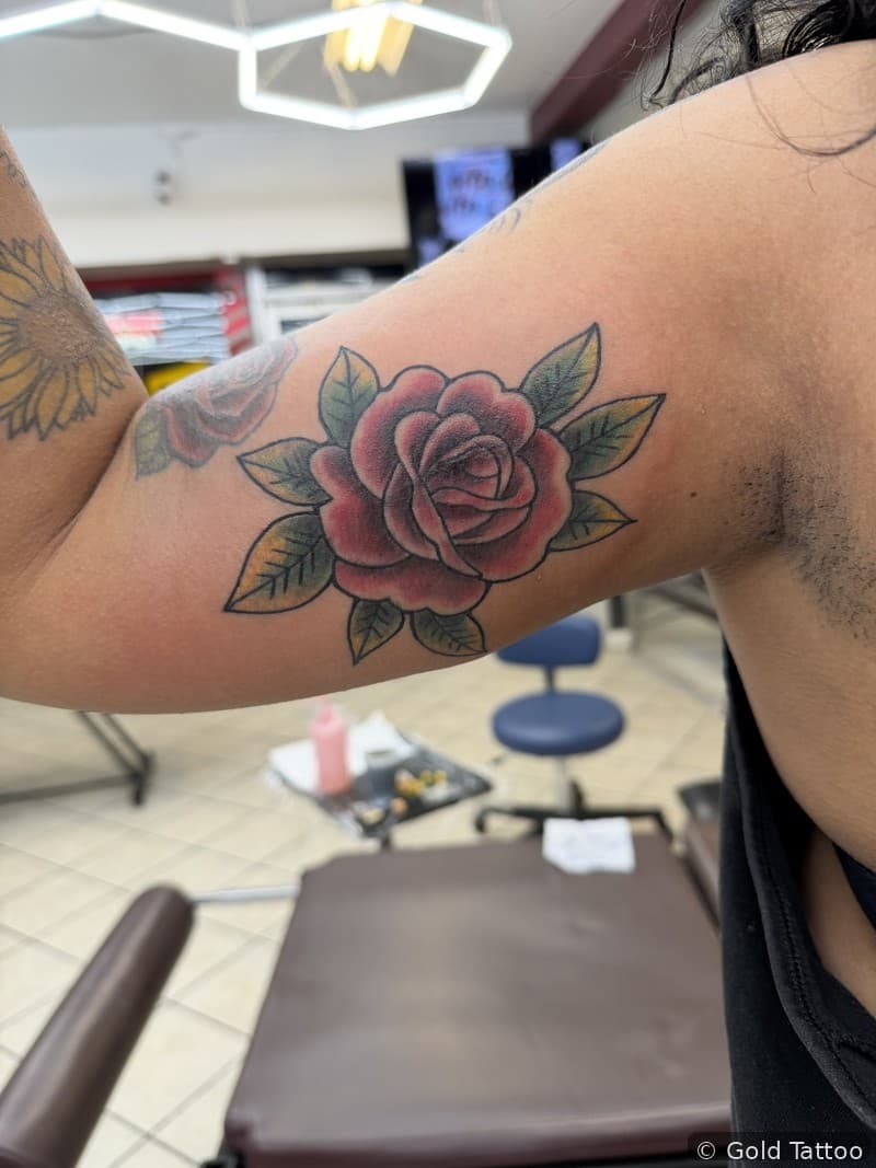 Traditional rose tattoo by Nathan at Gold Tattoo Vegas