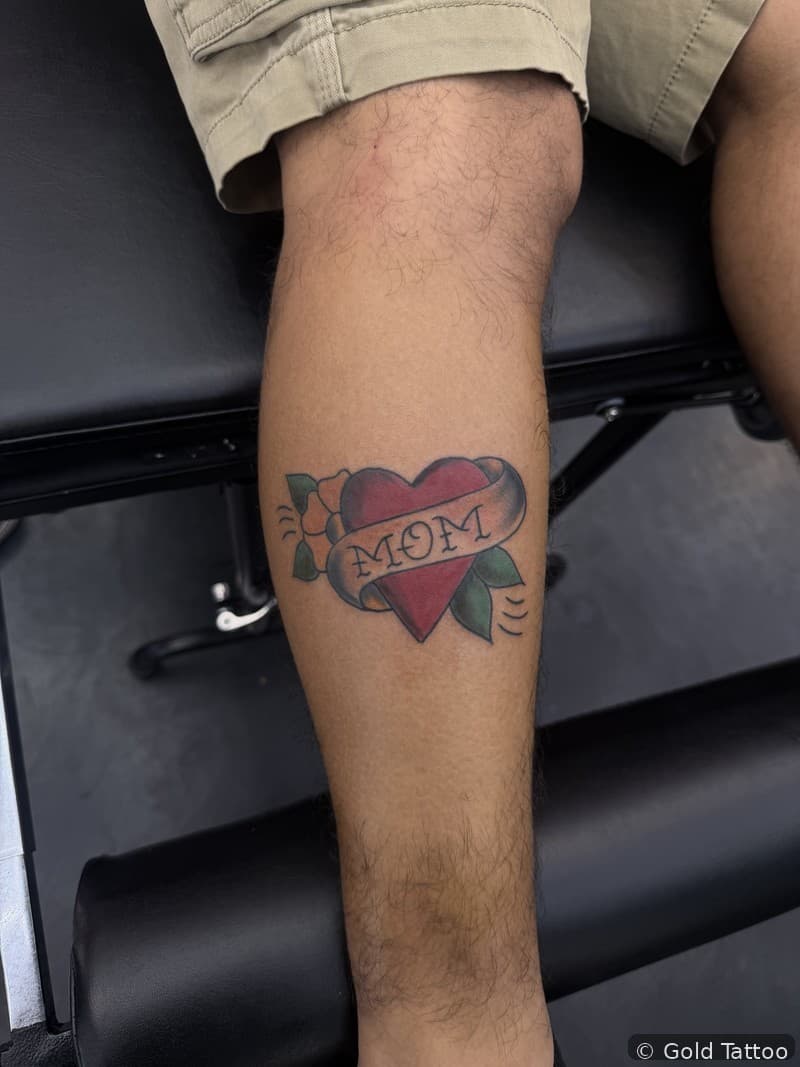Traditional Mom heart tattoo by Nathan at Gold Tattoo Vegas