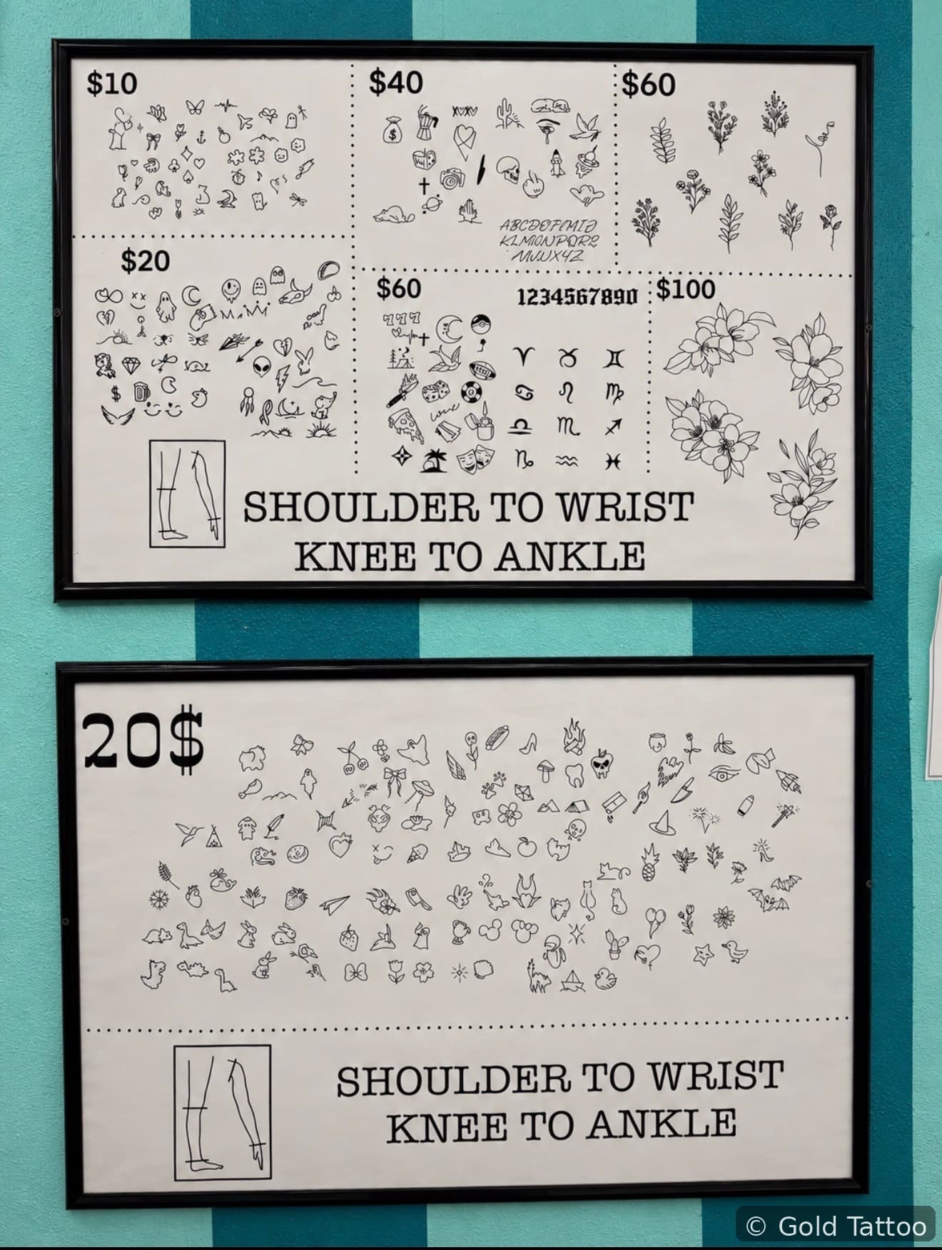 Gold Tattoo Vegas tattoo wall, $10 tattoos: small designs and flowers $10 to $100