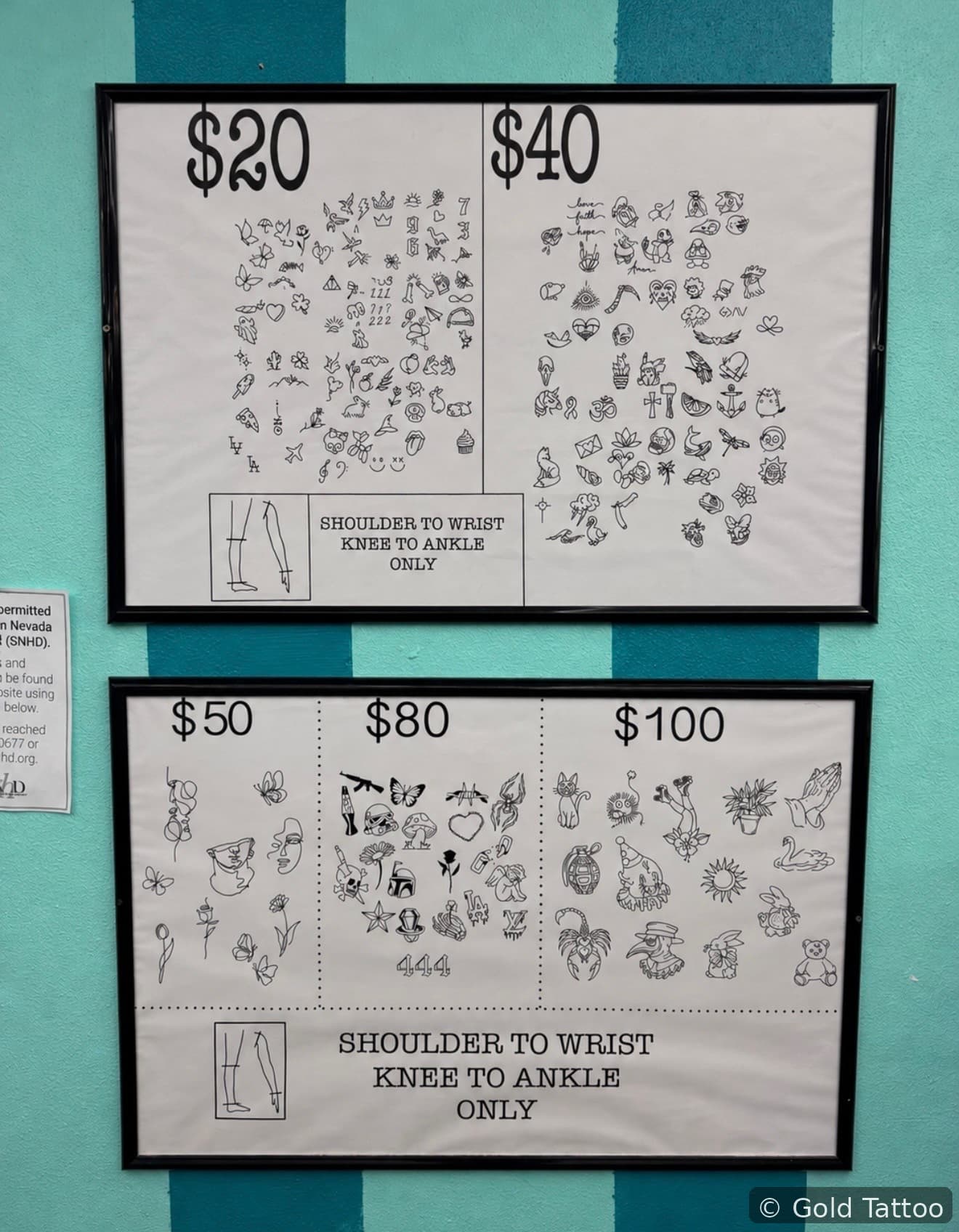 Gold Tattoo Vegas flash wall, $20 to $100 butterflies, crowns and line art