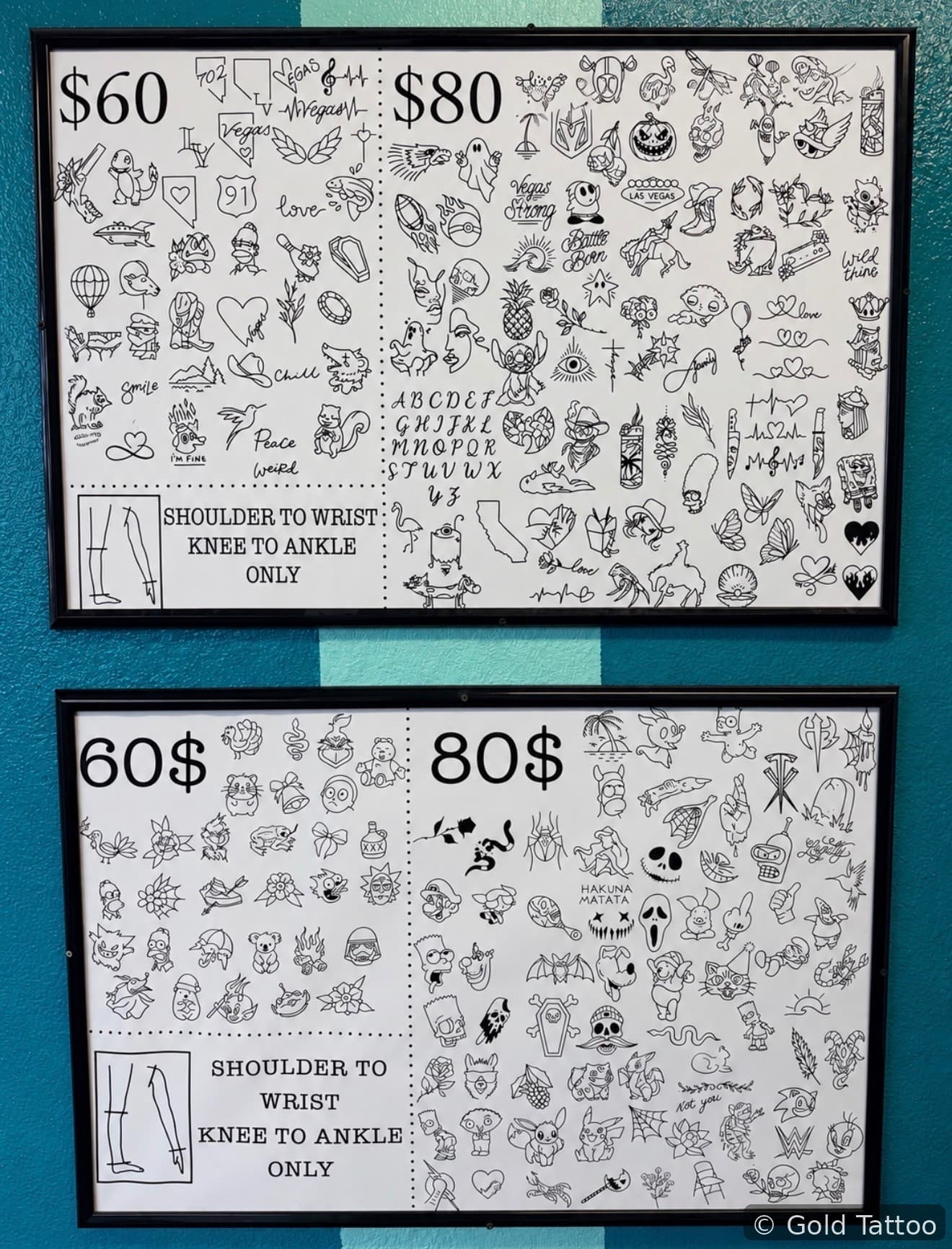 Gold Tattoo Vegas flash wall, $60 to $80 Vegas designs and lettering