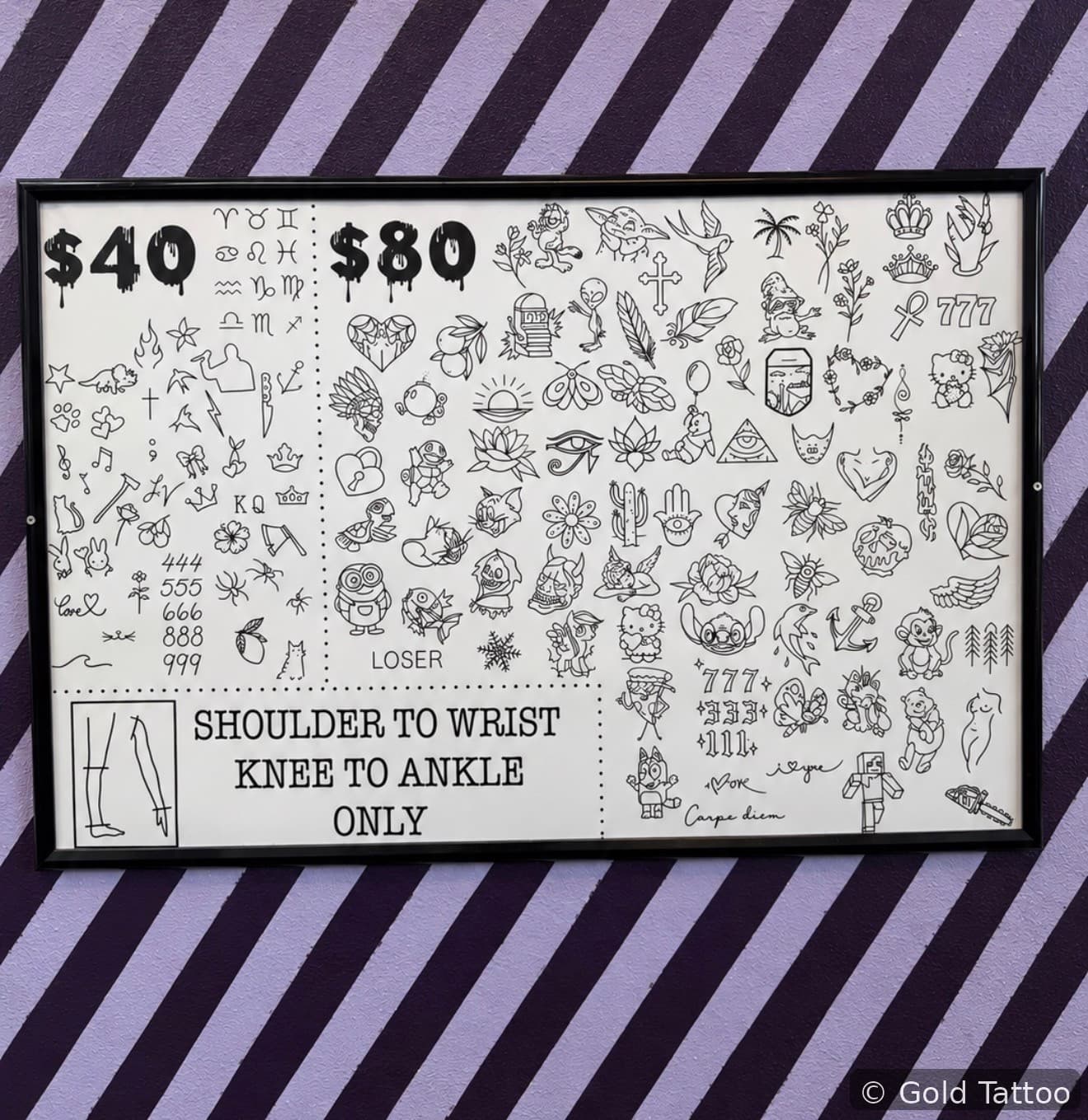 Gold Tattoo Vegas flash wall, $40 and $80 zodiac, numbers and flowers
